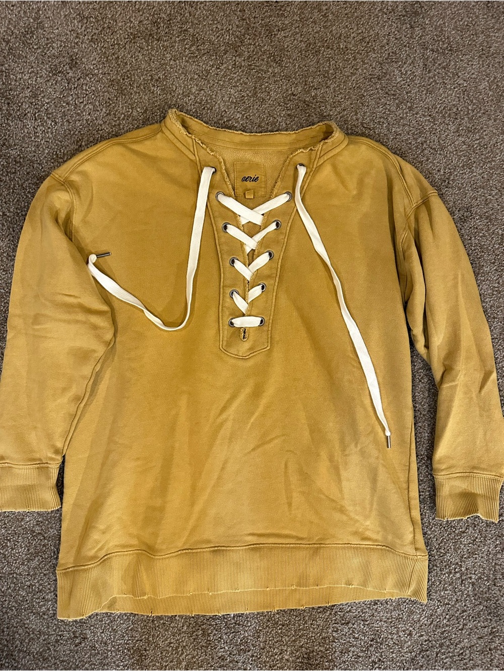 aerie women’s Lace-Up Crewneck Sweater - Mustard with White Ties